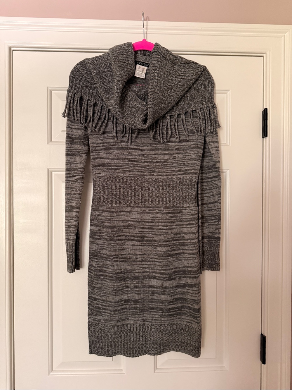 VENUS Gray Marled Cowl-Neck Fringe Sweater Dress